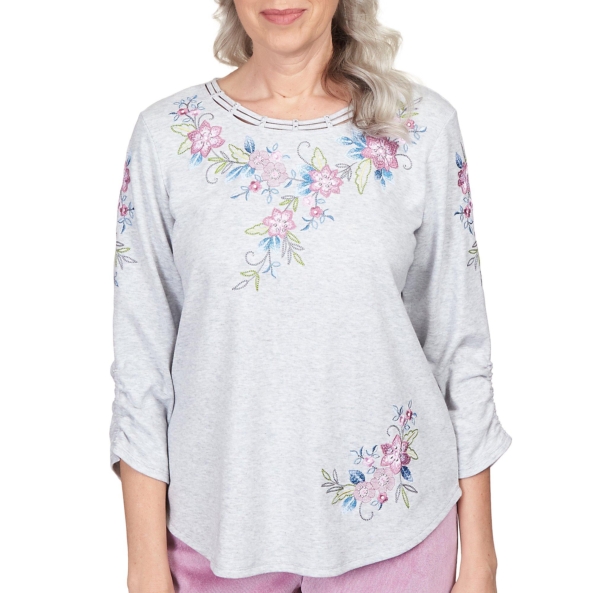 Alfred Dunner Petite Floral Embroidery 3/4 Sleeve Top