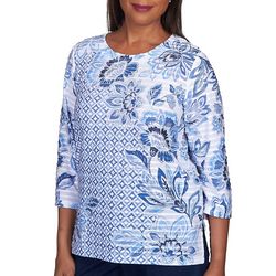 Alfred Dunner Petite Geo Floral Ruffle 3/4 Sleeve Top