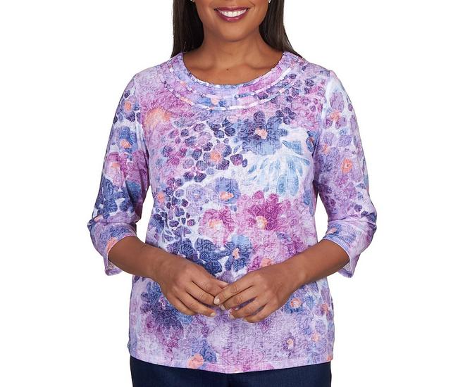 Alfred Dunner Women's Watercolor Floral Burnout Short Sleeve Top