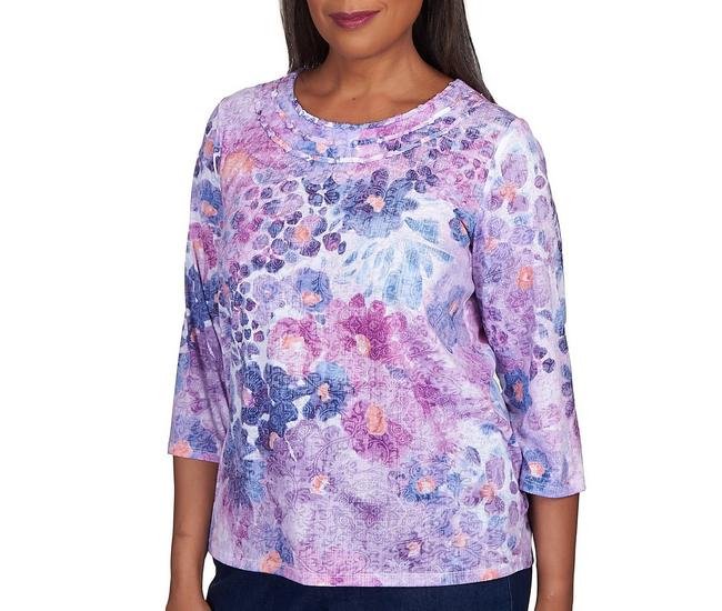 Alfred Dunner Women's Watercolor Floral Burnout Short Sleeve Top