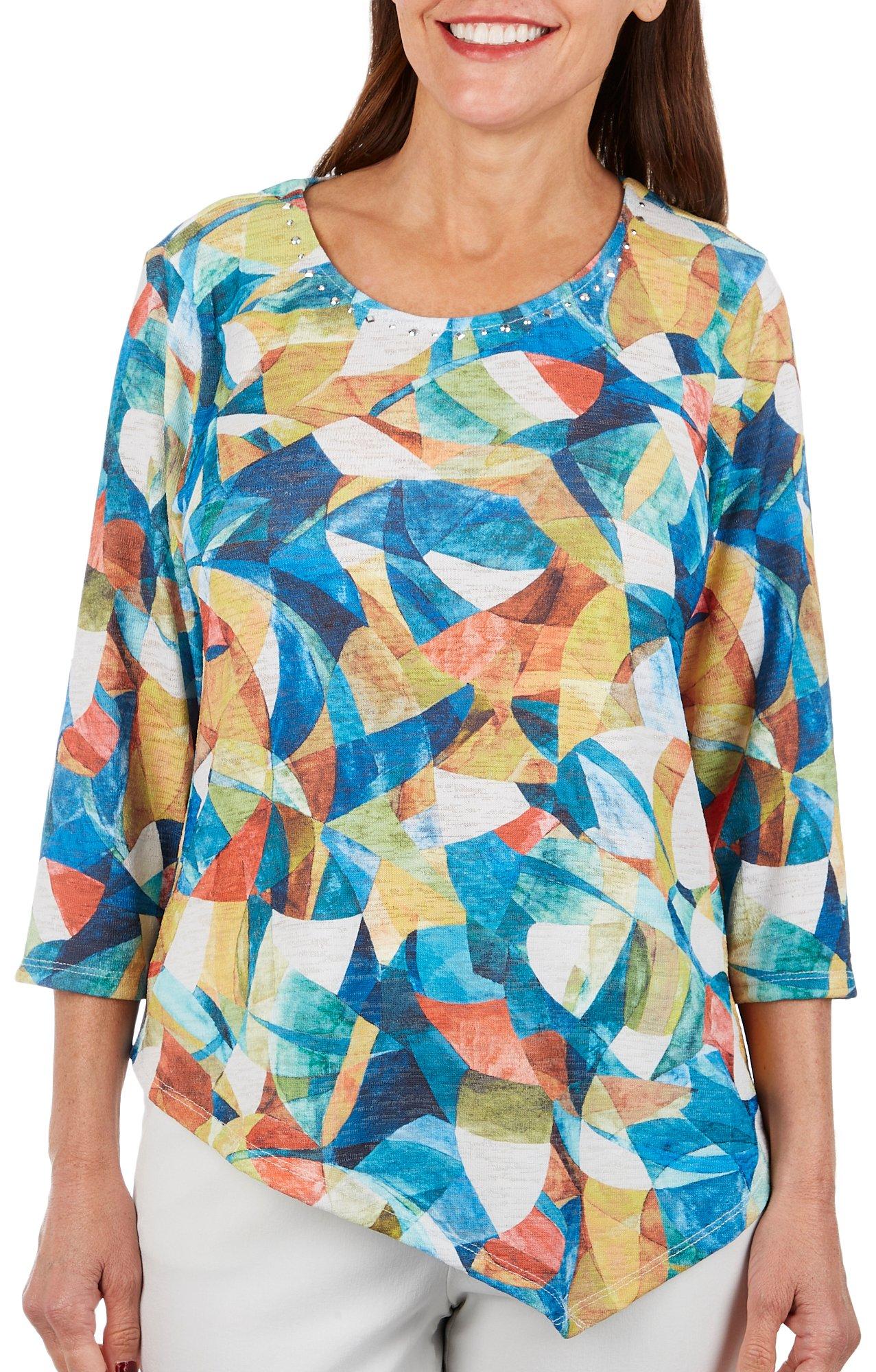 Petite Stained Glass Round Lace Neck 3/4 Sleeve Top