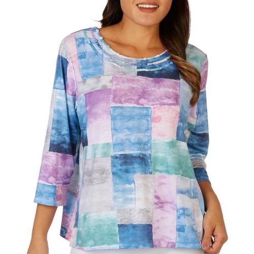 Alfred Dunner Petite Watercolor Color Block 3/4 Sleeve