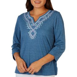 Petite Solid Embroidered & Embellished Neck 3/4 Sleeve Top