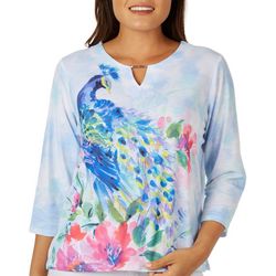 Alfred Dunner Petite Peacock Bead Neck 3/4 Sleeve Top