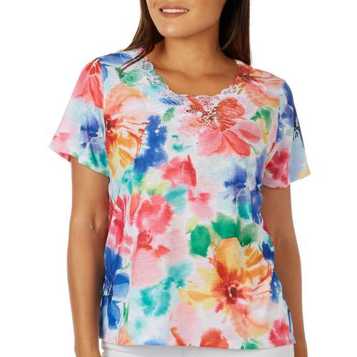 Alfred Dunner Petite Watercolor Lace Short Sleeve Top