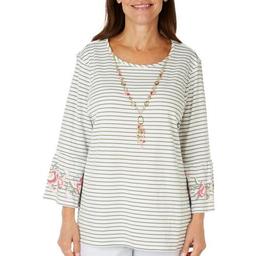 Alfred Dunner Petite Striped Embroidered 3/4 Sleeve Top