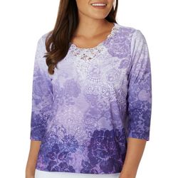 Alfred Dunner Petite Airbrush Floral Lace 3/4 Sleeve Top