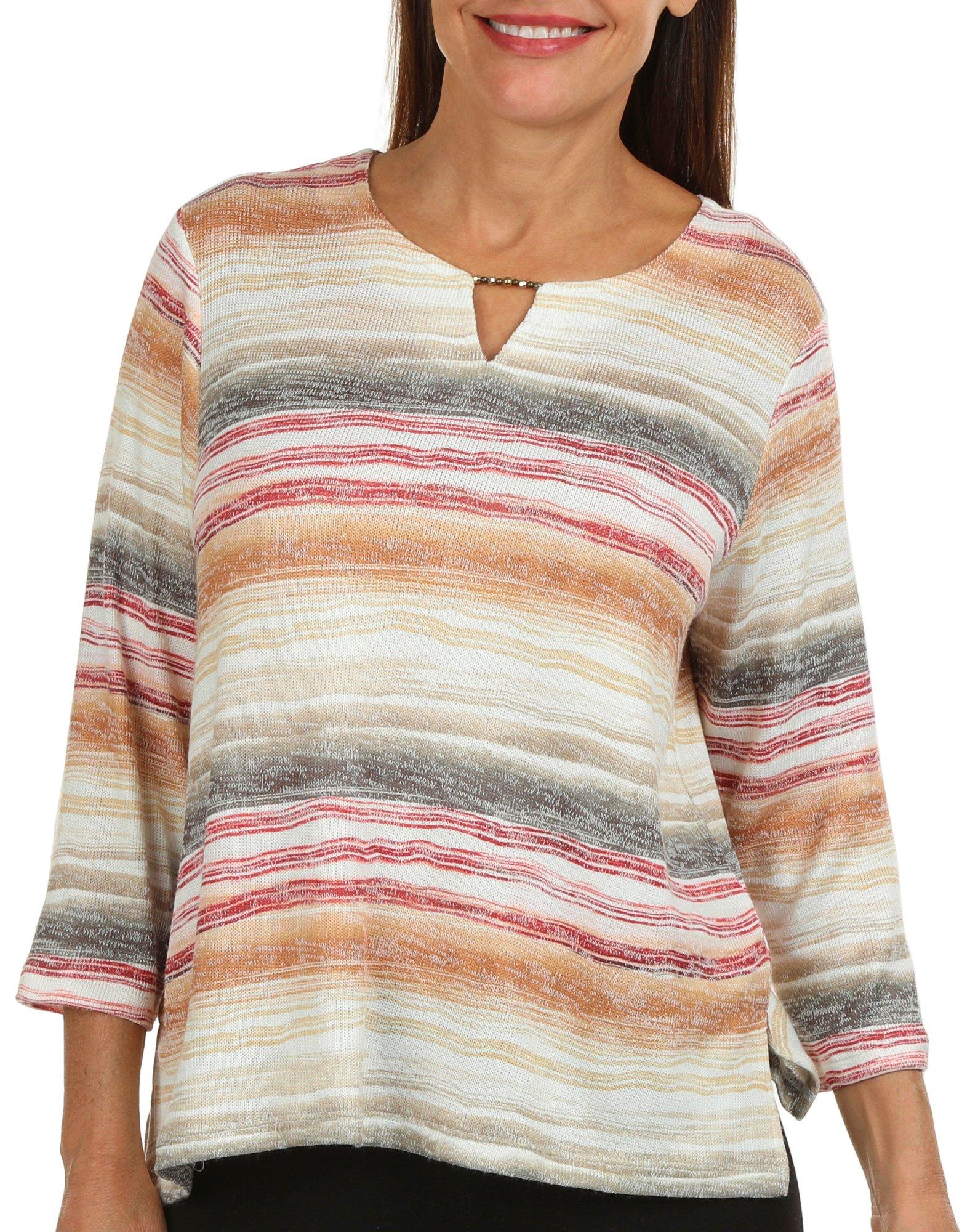 Petite Fade Stripe Beaded Keyhole Round Neck 3/4 Sleeve Top