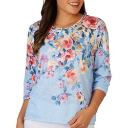 Alfred Dunner Petite Floral Yoke Neck 3/4 Sleeve Top