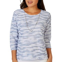 Petite Striped Wave Textured Round Neck 3/4 Sleeve Top