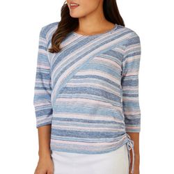 Alfred Dunner Petite Striped Side Ruched 3/4 Sleeve Top