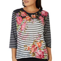 Alfred Dunner Petite Flowers and Stripes 3/4 Sleeve Top