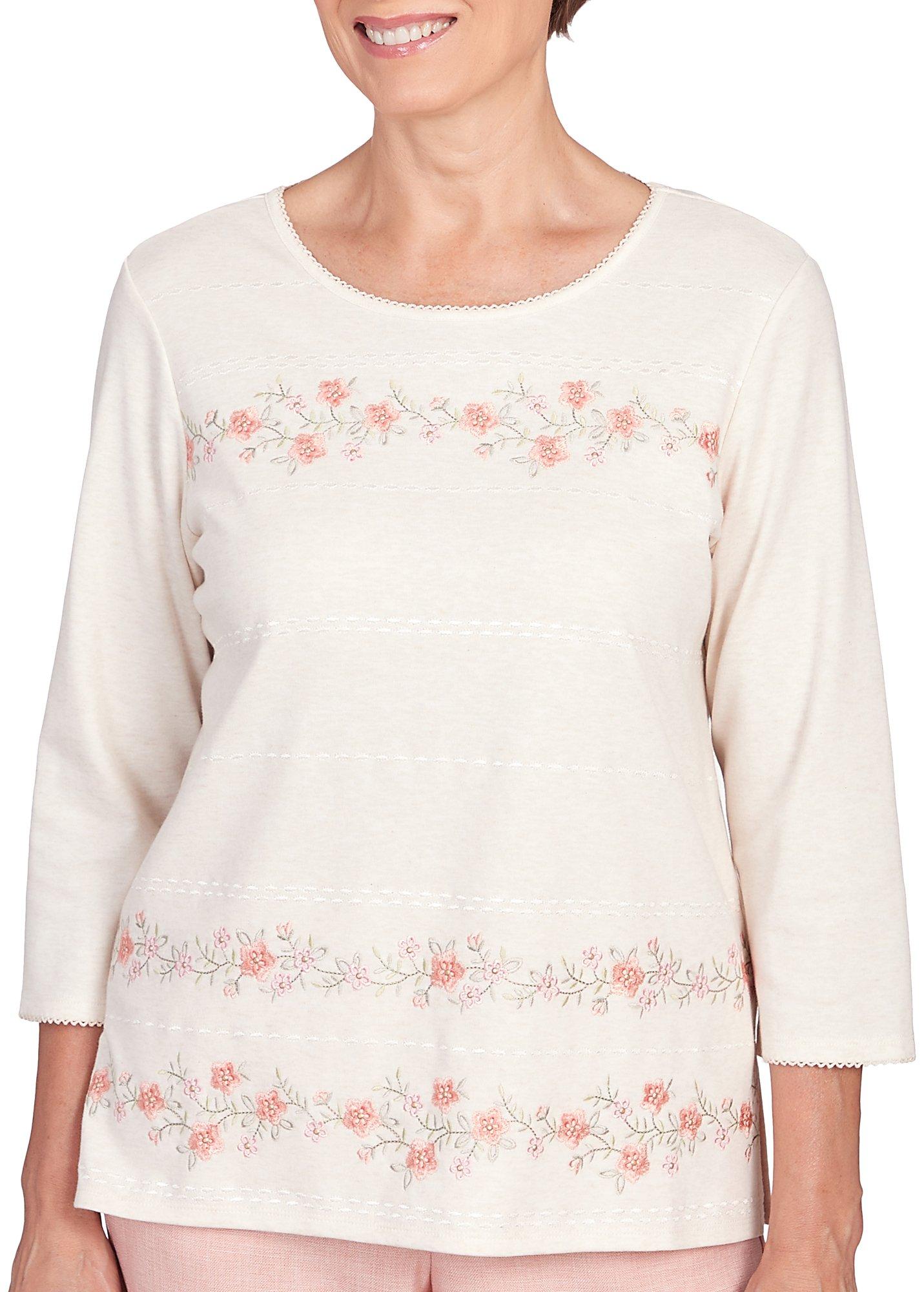 Alfred Dunner Petite Solid Embroidered 3/4 Sleeve Top