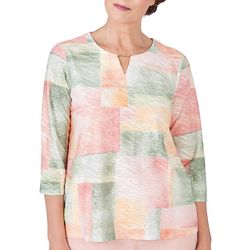 Alfred Dunner Petite Print Beaded Keyhole 3/4 Sleeve Top