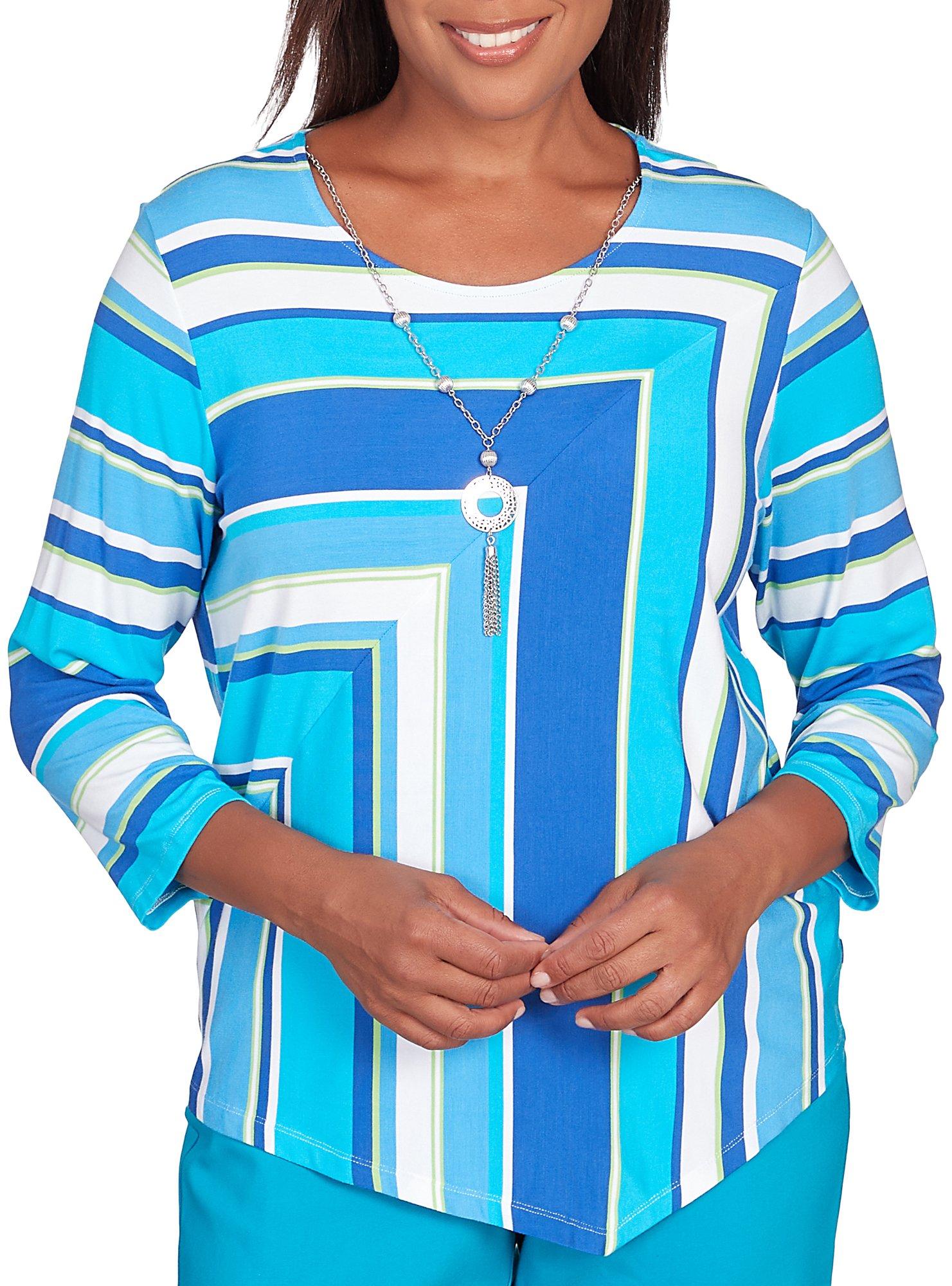 Alfred Dunner Petite Blue Corners Striped Top With Necklace