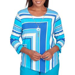 Alfred Dunner Petite Blue Corners Striped Top With Necklace