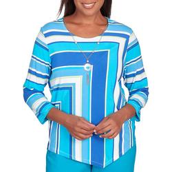 Petite Blue Corners Striped Top With Necklace