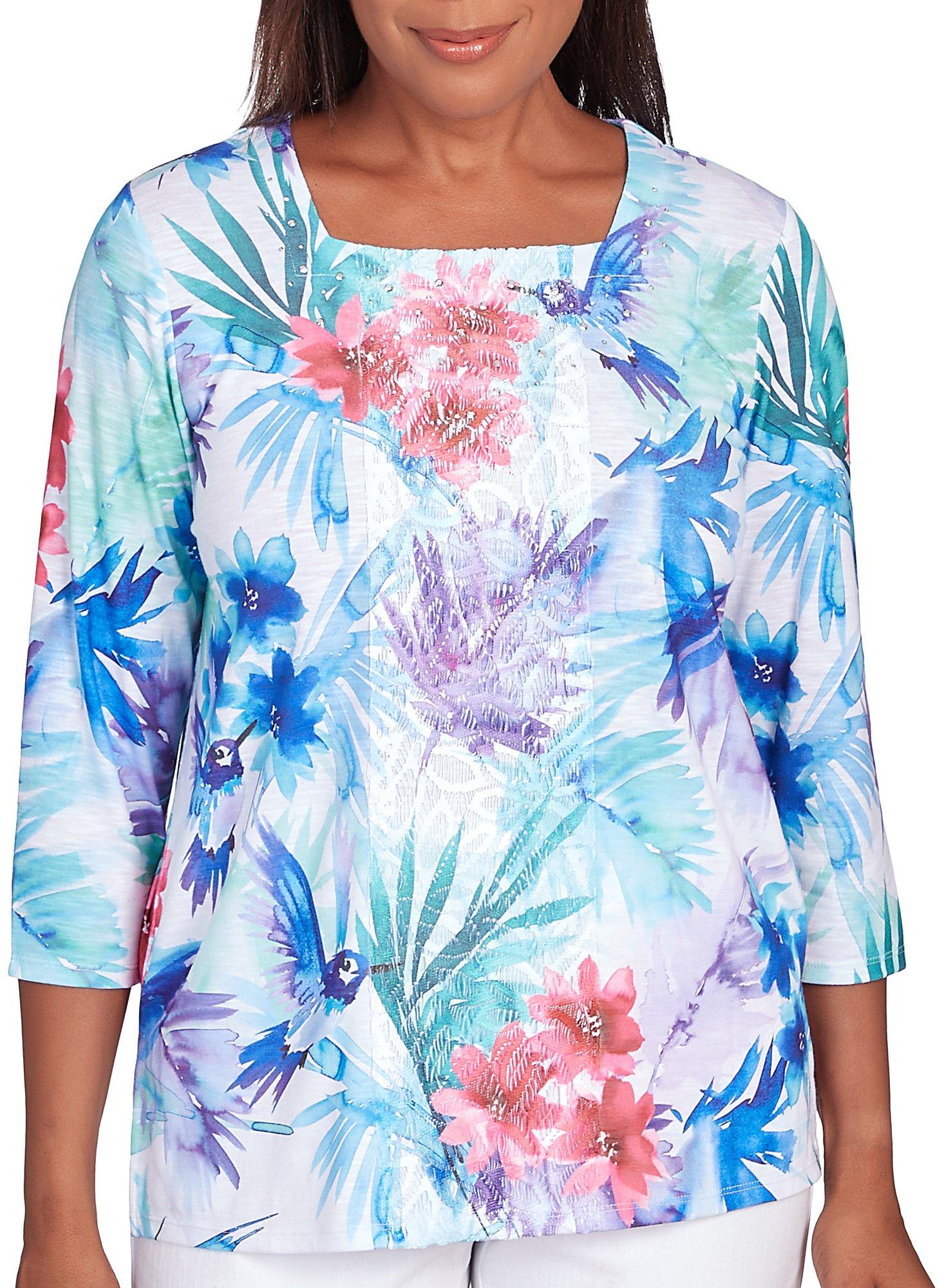 Alfred Dunner Petite Tropical Birds Lace Paneled Top