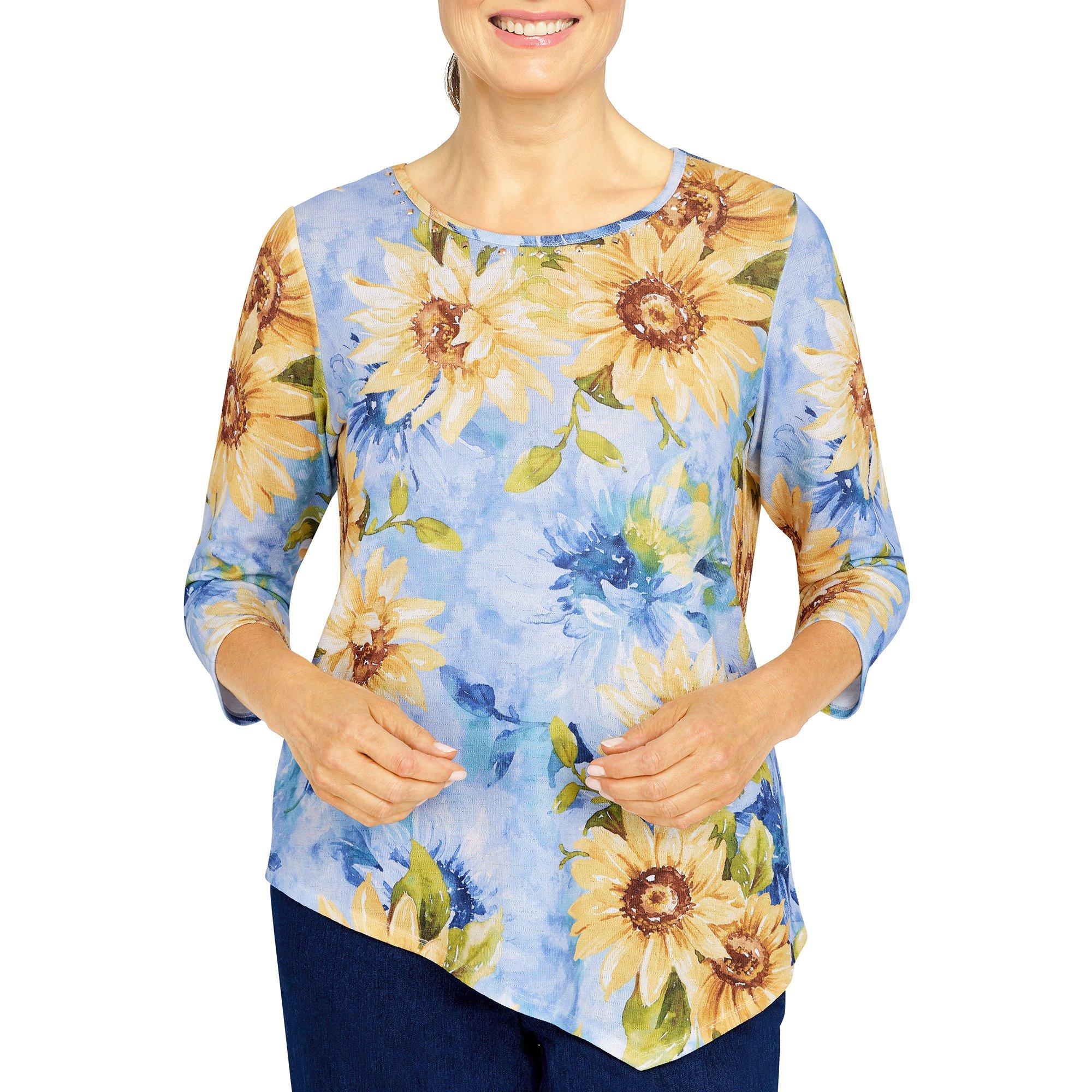 Petite Sunflower Asymmetrical Hem 3/4 Sleeve Top