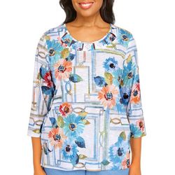 Alfred Dunner Petite Windowpane Floral 3/4 Sleeve Top