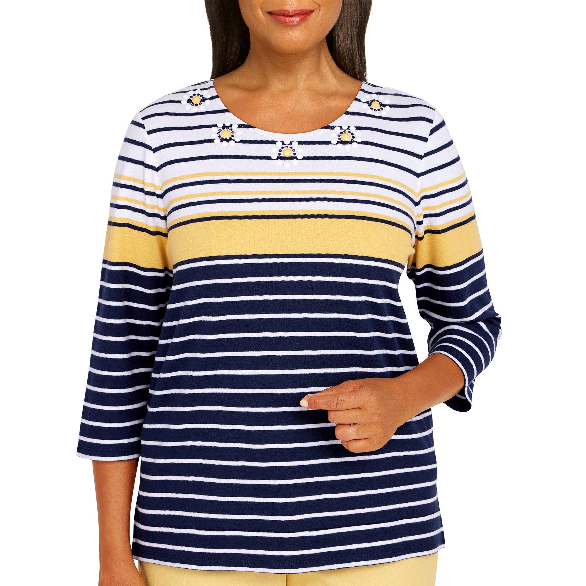 Petite Striped Floral Embellished 3/4 Sleeve Top