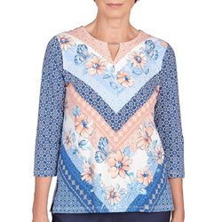Alfred Dunner Petite 3/4 Floral Chevron Embellished Top