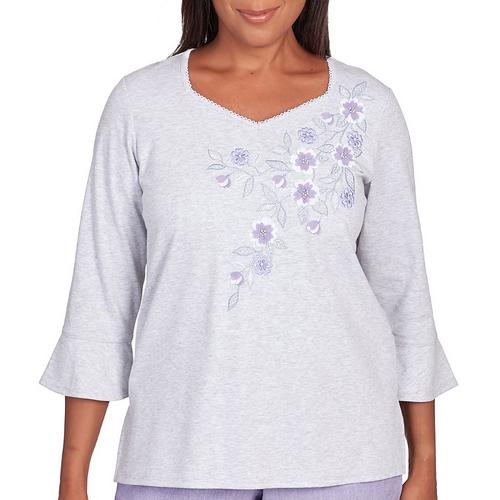 Alfred Dunner Petite Solid Embroidered 3/4 Sleeve Top