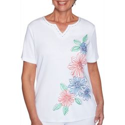Alfred Dunner Petite Floral Embroidered Split Neck Top
