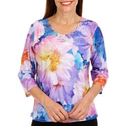 Alfred Dunner Petite Jeweled Floral Lace 3/4 Sleeve Top