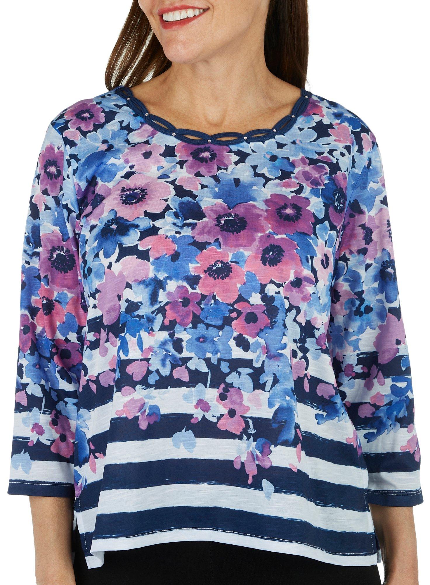 Petite Striped Floral Embellished Round Neck 3/4 Sleeve Top