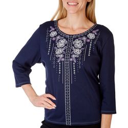 Petite Embroidered Floral Pattern 3/4 Sleeve Top