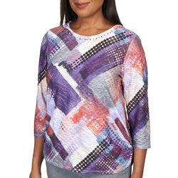 Alfred Dunner Petite Print Jewelled Neck 3/4 Sleeve Top