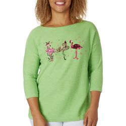 Petite Solid Christmas Flamingos Embroidered Sweater