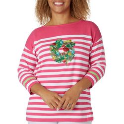 Cabana Cay Petite Flamingo Wreath Stripe Embroidered Sweater