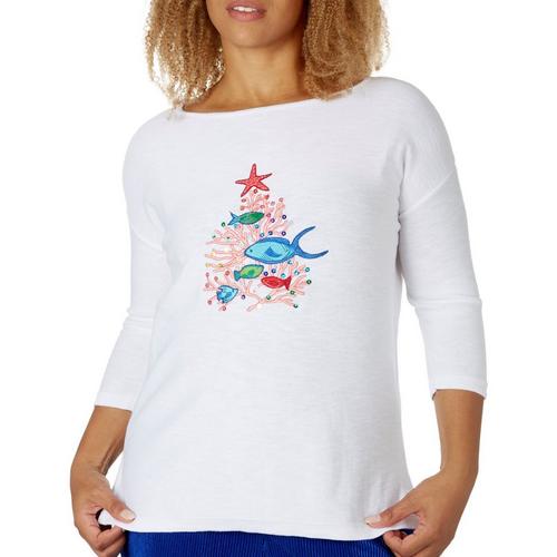 Petite Embroidered Coral Reef Christmas Tree Sweater