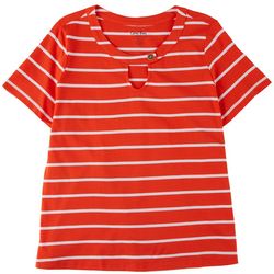 Coral Bay Petite Striped Button Keyhole Short Sleeve Top