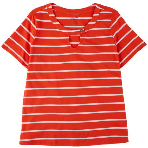 Coral Bay Petite Striped Button Keyhole Short Sleeve