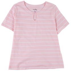 Coral Bay Petite Striped Keyhole Tab Short Sleeve Top