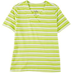 Coral Bay Petite Striped Wide V-Neck Short Sleeve Top
