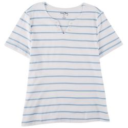 Coral Bay Petite Striped Notch Button Short Sleeve Top