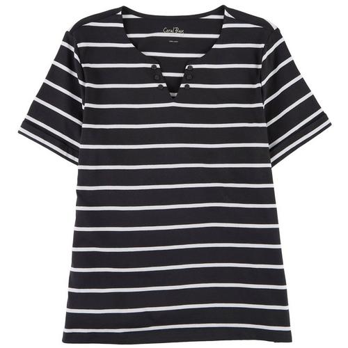 Coral Bay Petite Striped Notch Button Short Sleeve