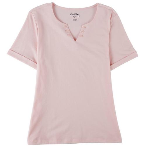 Coral Bay Petite Notch Button Short Sleeve Top