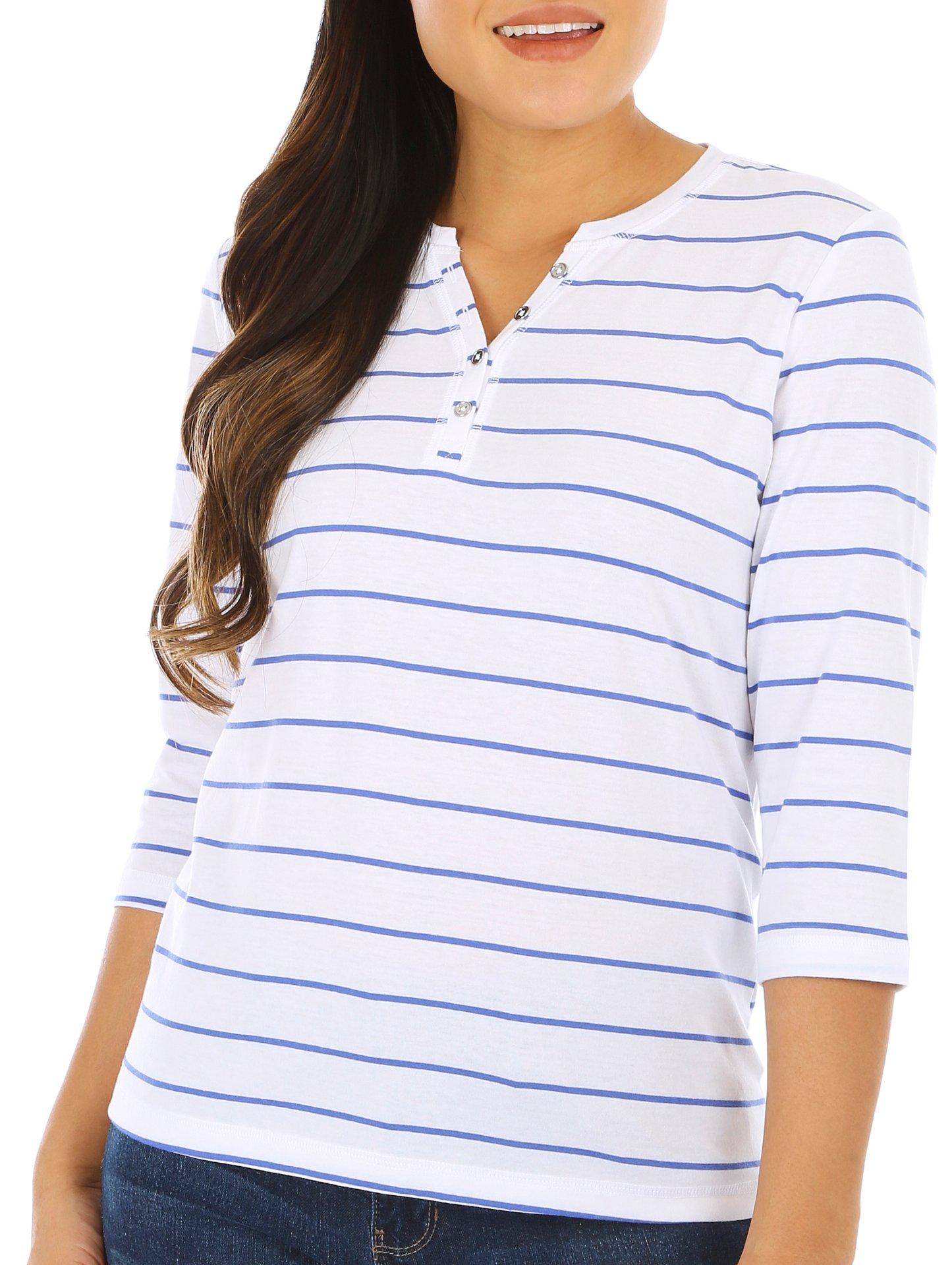 Coral Bay Petites 3/4 Sleeve Stripe Print Henley Top