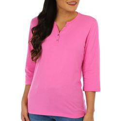 Coral Bay Petite 3/4 Sleeve Solid Color Henley Top