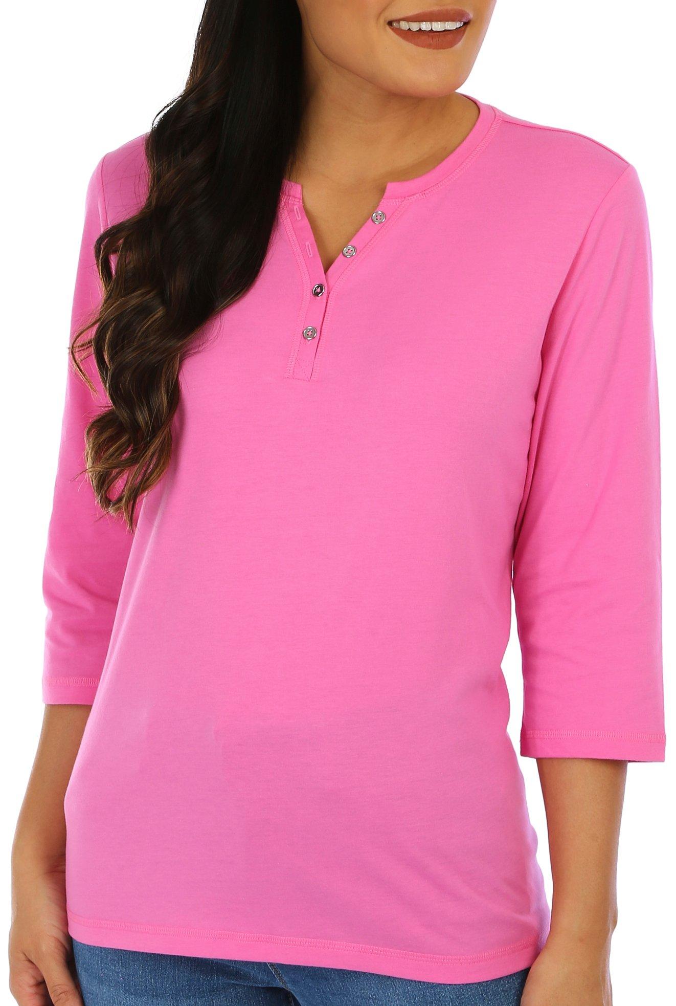 Petite 3/4 Sleeve Solid Color Henley Top