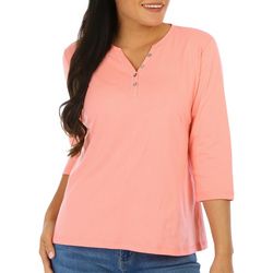 Coral Bay Petite Solid Henley Button Placket 3/4 Sleeve Top