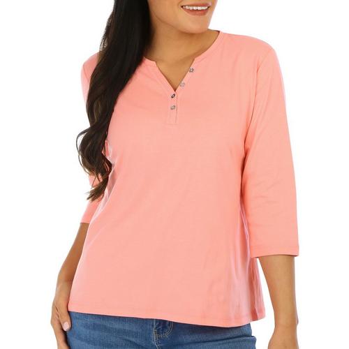 Coral Bay Petite Solid Henley Button Placket 3/4