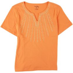 Coral Bay Petite Embroidered Split Neck Short Sleeve Top