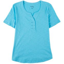 Coral Bay Petite Solid Duo Button Henley Short Sleeve Top