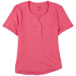 Petite Solid Duo Button Henley Short Sleeve Top